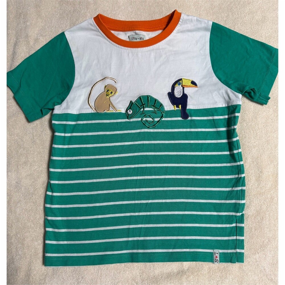 Lily + Sid Boys T-Shirt Green & White Striped Animal Applique Size 7-8Y